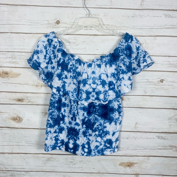 Full Circle Blue Tie-Dye Women's Elastic Off The Shoulder Crop Blouse Size L - Picture 3 of 4